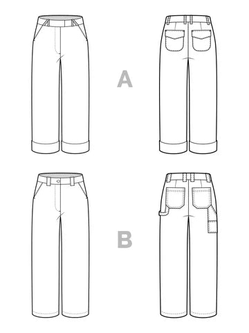 Line drawings of four pairs of Rika Pants in cropped tailored style with hem cuffs and tabbed waistband. labeled A and B on a white background