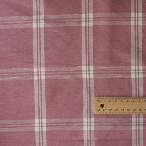 Rosewood Check Yarn-Dyed Linen Blend Fabric – dusty mauve with white intersecting grid pattern, lightweight 135 GSM