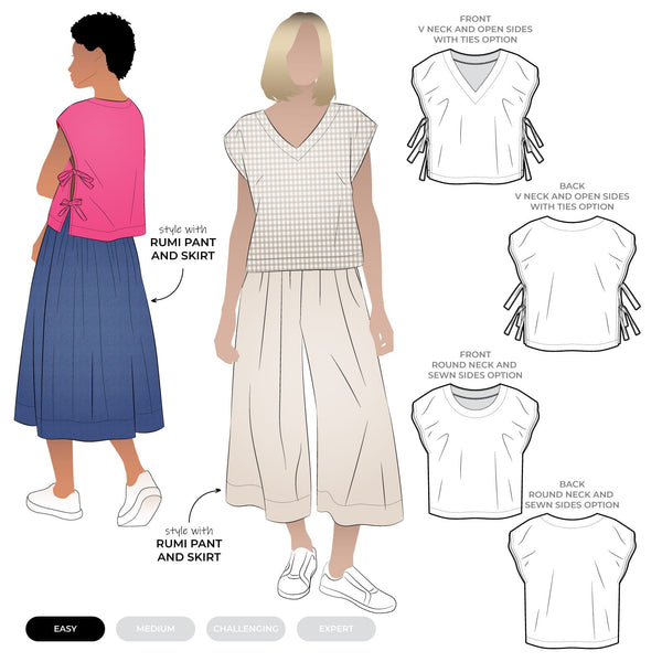 Fashion design illustration with two models wearing Rumi Top Sewing Patternt outfits and a diagram of a top with various neck and side options.