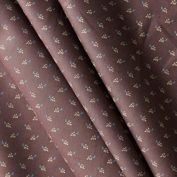 Rustic Meadow linen cotton blend fabric with brown base and green olive leaves and blue stems floral