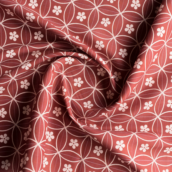 Sakura Bloom Linen Blend Fabric – deep pink hue with sakura floral pattern & subtle grid, lightweight 135 GSM
