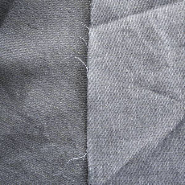 Seamist 100% Linen Fabric with a unique denim-like twill weave in greenish-grey. Features purplish grey and green warp fibers with white weft fibers, perfect for sturdy garments like jackets, pants, structured dresses, and skirts. Soft, smooth hand, tight weave, and heavy drape.