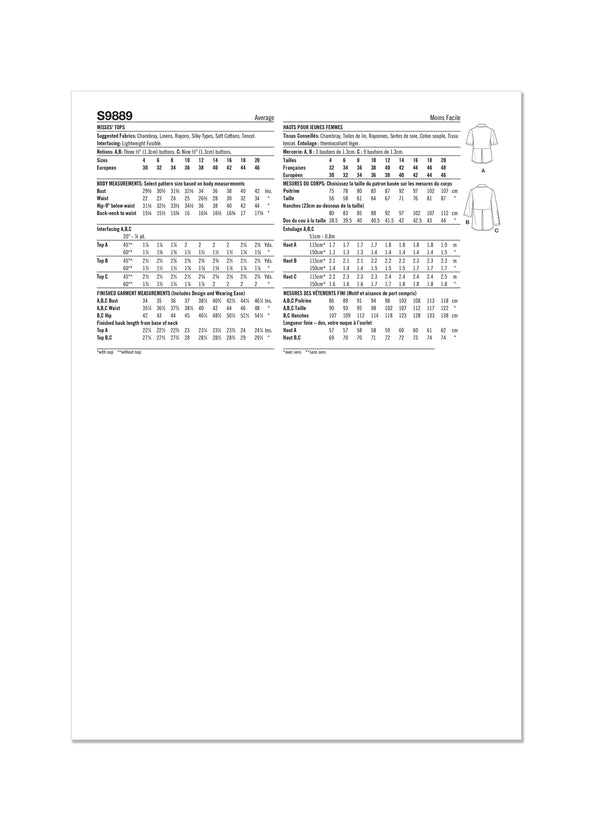 Simplicity Sewing Pattern S9889 for Misses' raised waist tops with shawl collar and sleeve variations