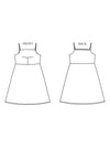 Black and white line art sewing pattern preview showing the front and back views of a sleeveless A-line dress with a small chest detail.