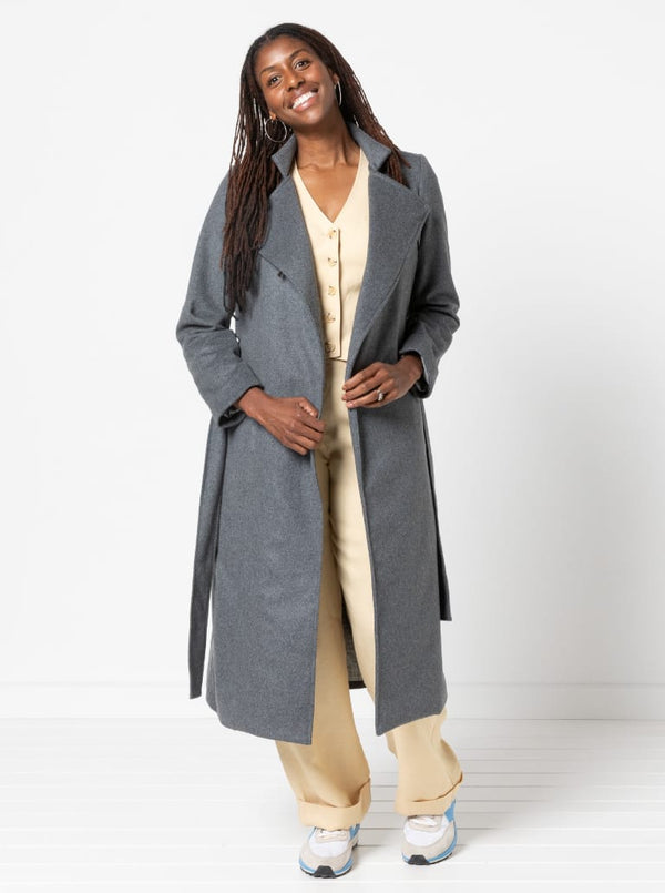 Stella Woven Coat Sewing Pattern - mid-length wrap coat with long sleeves, tie belt, revere and stand collar, fully lined, panelled back with yoke, in-seam pockets, and back vent