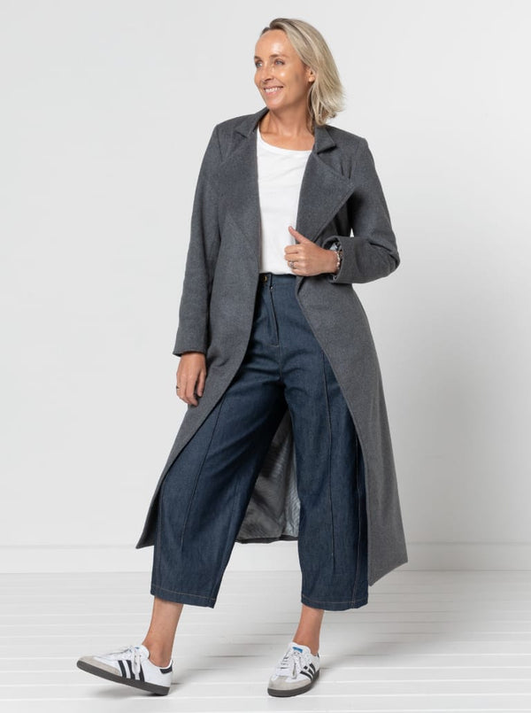 Stella Woven Coat Sewing Pattern - mid-length wrap coat with long sleeves, tie belt, revere and stand collar, fully lined, panelled back with yoke, in-seam pockets, and back vent