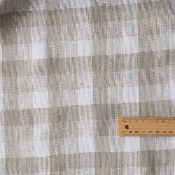 Stone Gingham Yarn-Dyed 100% Linen Fabric – loose weave grey and white check pattern