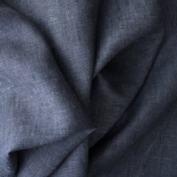 Twilight Navy deep blue-charcoal 100% linen fabric, 225 GSM, 25 LEA with visible yarn texture.