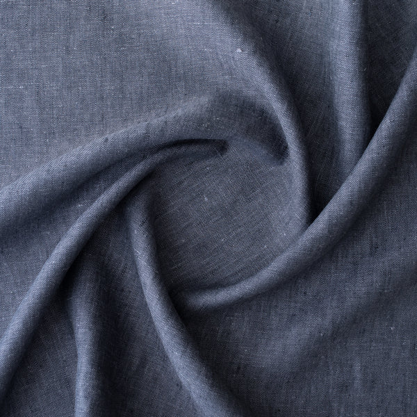 Twilight Navy deep blue-charcoal 100% linen fabric, 225 GSM, 25 LEA with visible yarn texture.