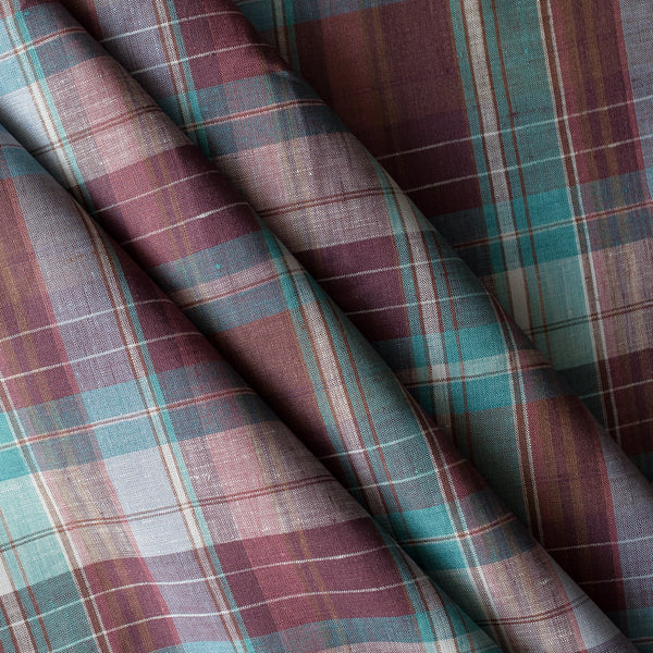 Vineyard Plaid linen fabric with wine-toned and rustic neutral yarn-dyed stripes, 100% linen, 130 GSM, 60 LEA.