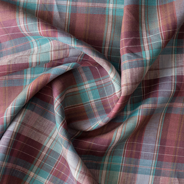Vineyard Plaid linen fabric with wine-toned and rustic neutral yarn-dyed stripes, 100% linen, 130 GSM, 60 LEA.