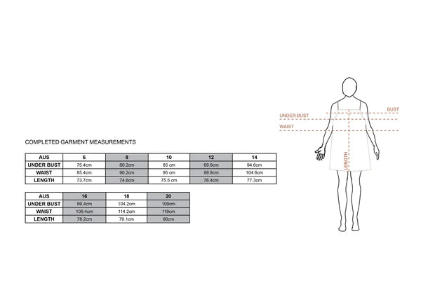 Wattlebird Dress and Cami Sewing Pattern for Beginners size chart