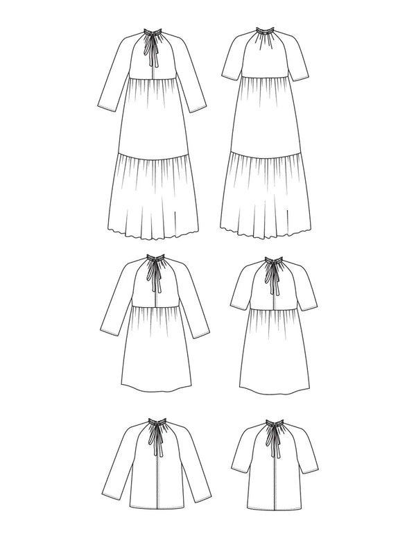 Wilder Gown Sewing Pattern – flowy modular tiered dress or top with raglan sleeves and tie neck (XS–7X)