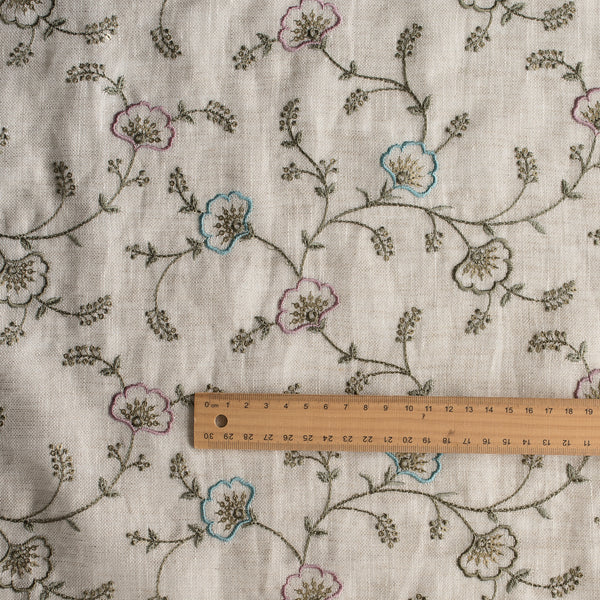Wildflower Embroidered Linen Fabric – sheer 100% linen with floral threadwork and gold sequins on beige base