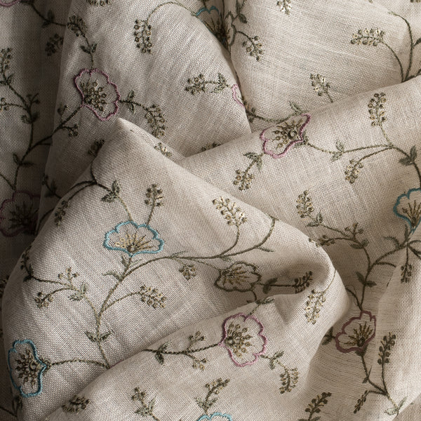 Wildflower Embroidered Linen Fabric – sheer 100% linen with floral threadwork and gold sequins on beige base