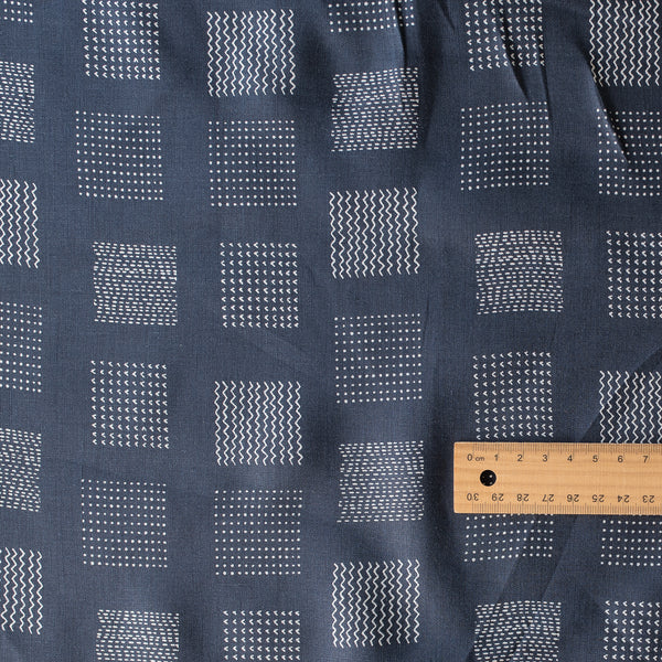 Zen Block Print 100% Linen Fabric – navy blue with white geometric print, lightweight 140 GSM, fine 60 LEA weave