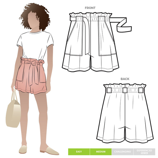 Casual Ellen Woven Shorts pattern with an elastic paper bag waist and front patch pockets, perfect for summer BBQs and weekend outings