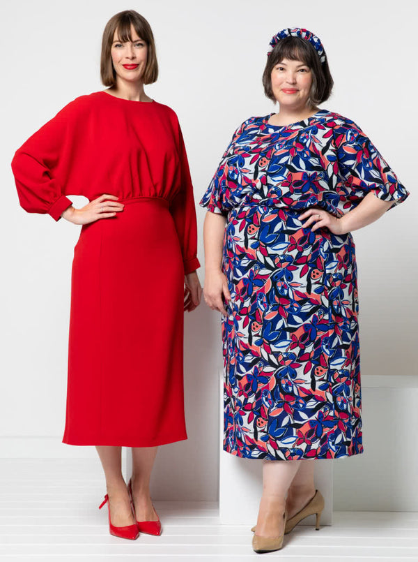 Elsbeth Woven Dress sewing pattern featuring gathered front bodice, optional sleeves, and a fitted panelled skirt, suitable for cotton, linen, viscose, and silk fabrics