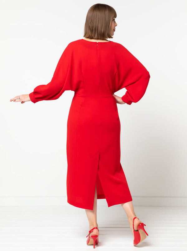 Elsbeth Woven Dress sewing pattern featuring gathered front bodice, optional sleeves, and a fitted panelled skirt, suitable for cotton, linen, viscose, and silk fabrics