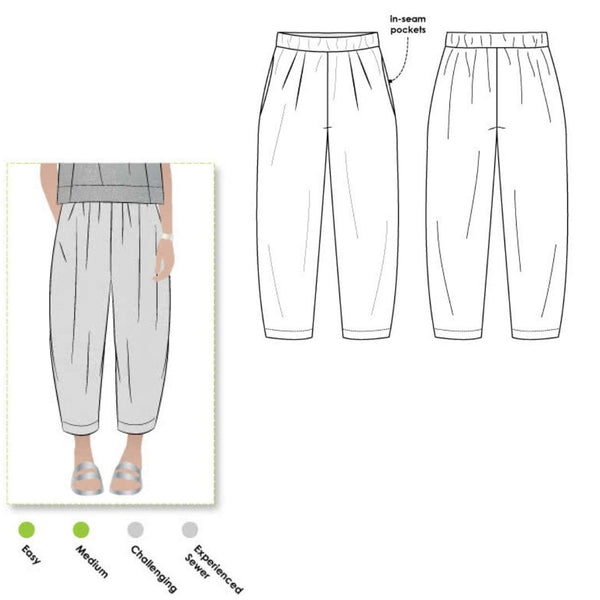 Ethel Designer Pant sewing pattern by Style Arc, featuring elastic waist, dropped crotch, and balloon-shaped leg, suitable for linen, crepe, silk, and fine wool fabrics.
