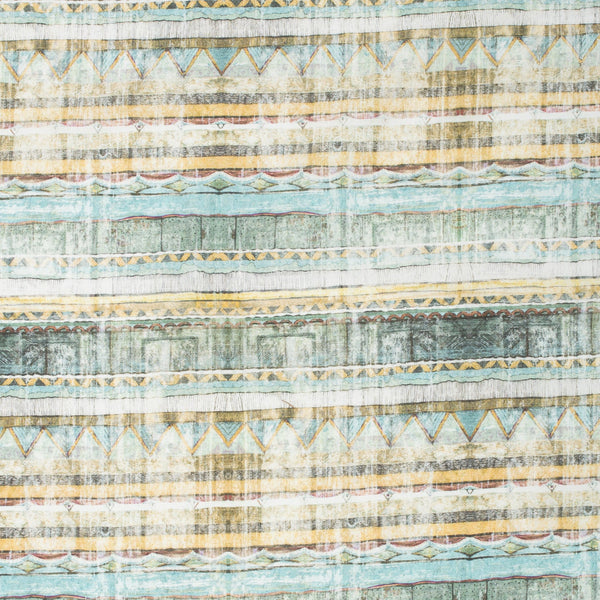 Lightweight linen-cotton blend fabric with scalloped, chevron, and striped patterns in green, yellow, maroon, and blue