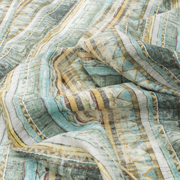 Lightweight linen-cotton blend fabric with scalloped, chevron, and striped patterns in green, yellow, maroon, and blue