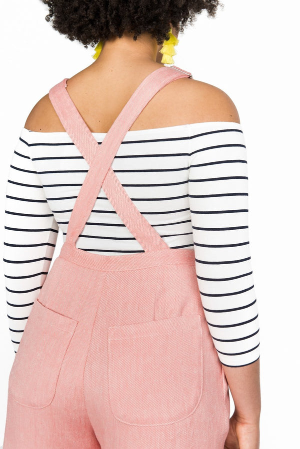 Jenny Overalls and Trouser sewing pattern, featuring ultra-high rise, wide-leg design, and customizable details, suitable for bottom-weight woven fabrics like denim and linen.