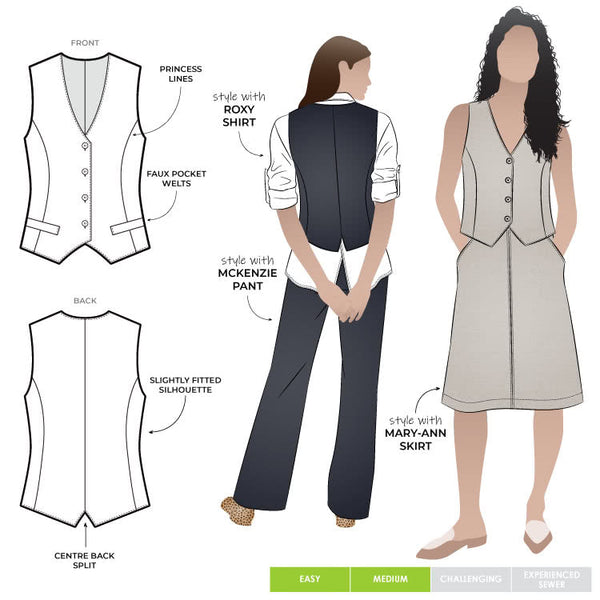 Joy Woven Vest sewing pattern featuring faux welt pockets, princess line, button opening with four buttons, cutaway at center back, easy fit, and fully lined, suitable for linen and cotton fabrics.