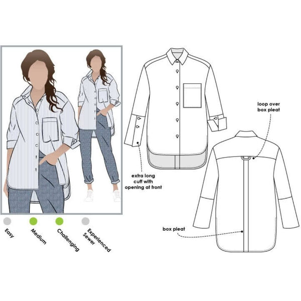 Lauren Boyfriend Shirt sewing pattern, showcasing an oversized shirt with interesting sleeve details and men’s style shirt tails, perfect for a laid-back yet fashionable outfit.