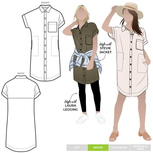 A modern Max tunic dress sewing pattern with dropped shoulders, a shaped hem, and inseam pockets, tailored for comfort and style in linen and other fabrics.