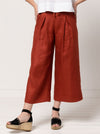 Milan woven pant sewing pattern featuring a wide leg, ankle length, and drawstring tie waist, designed for ultimate comfort in linen and cotton.