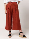 Milan woven pant sewing pattern featuring a wide leg, ankle length, and drawstring tie waist, designed for ultimate comfort in linen and cotton.