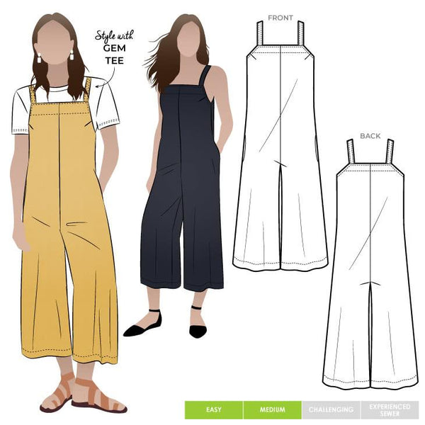 A casual Mildred jumpsuit sewing pattern with shoulder straps and wide legs, suitable for linen, cord, and denim fabrics.