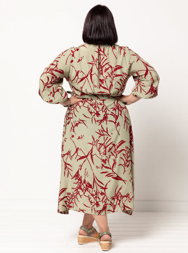 graceful Millicent wrap dress sewing pattern with a long wrap skirt and versatile sleeve options, perfect for creating a sophisticated garment in fine fabrics.