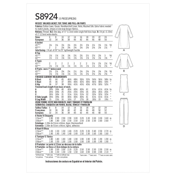 Misses' Jacket, Top, Tunic & Pull-On Pants Sewing Pattern S8924