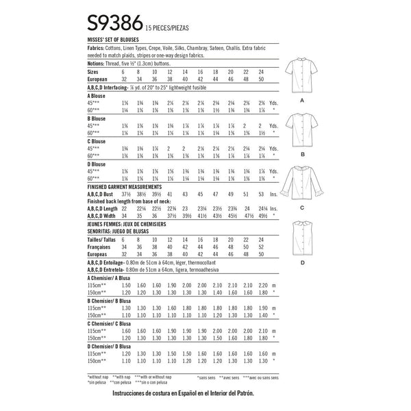 Misses' Set of Blouses Sewing Pattern S9386