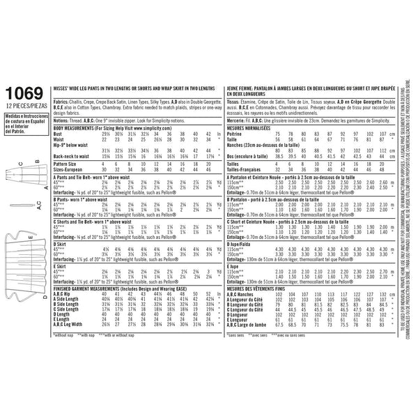 Misses' Wide-Leg Pants or Shorts & Skirts S1069 Multi-Size Sewing Pattern