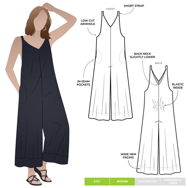 A comfortable Norman V-neck jumpsuit sewing pattern with deep armholes and wide legs, perfect for creating a chic and easy-to-wear garment.