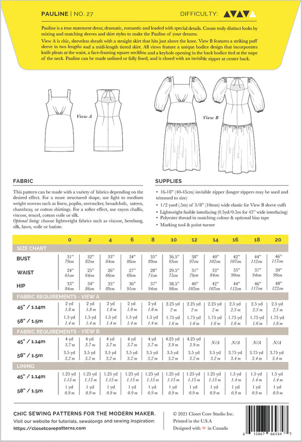 Pauline Dress pattern showcasing a square neckline, knife pleats, and options for puff sleeves or a sheath skirt, ideal for various woven fabrics.