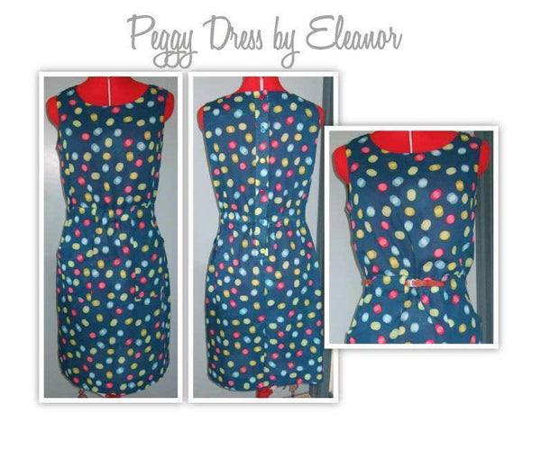 Versatile Peggy pencil dress sewing pattern with an elastic waist, ideal for soft woven fabrics like wool, linen, and denim, great for a work setting