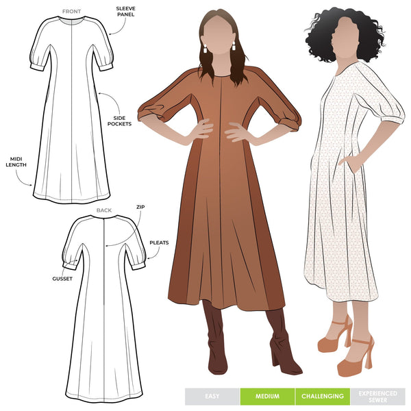 Elegant Penelope dress sewing pattern with a princess line, round neck, and unique elbow-length sleeves with tucks and gussets, suitable for silk, rayon, or linen
