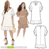 Stylish Pixie shift dress sewing pattern with short flounce sleeves, hem flounce, and a ‘V’ neck, designed for an easy fit and suitable for luxurious fabrics like silk and crepe