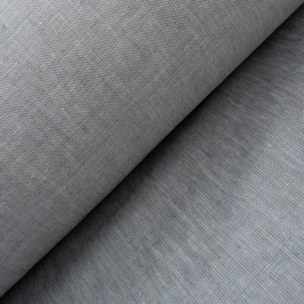 Greenish-grey Seamist linen fabric with a denim-inspired twill weave, ideal for creating durable and stylish fashion pieces.
