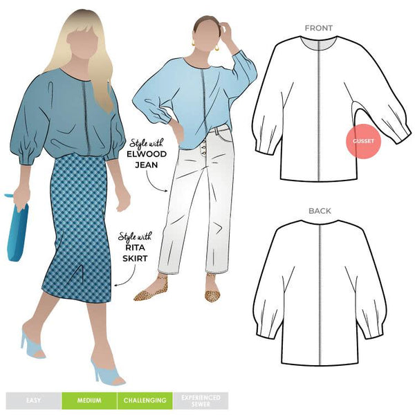 Style Arc’s Wilma Woven Top pattern showcasing a square shape with gusseted dolman sleeves.