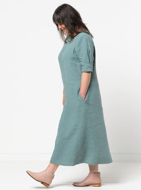 Style Arc’s Yvette Woven Dress pattern with asymmetrical panelled design and sleeve options.
