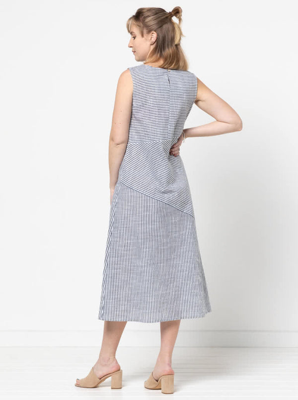 Style Arc’s Yvette Woven Dress pattern with asymmetrical panelled design and sleeve options.