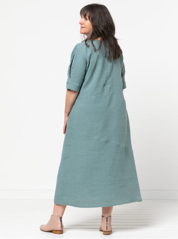 Style Arc’s Yvette Woven Dress pattern with asymmetrical panelled design and sleeve options.