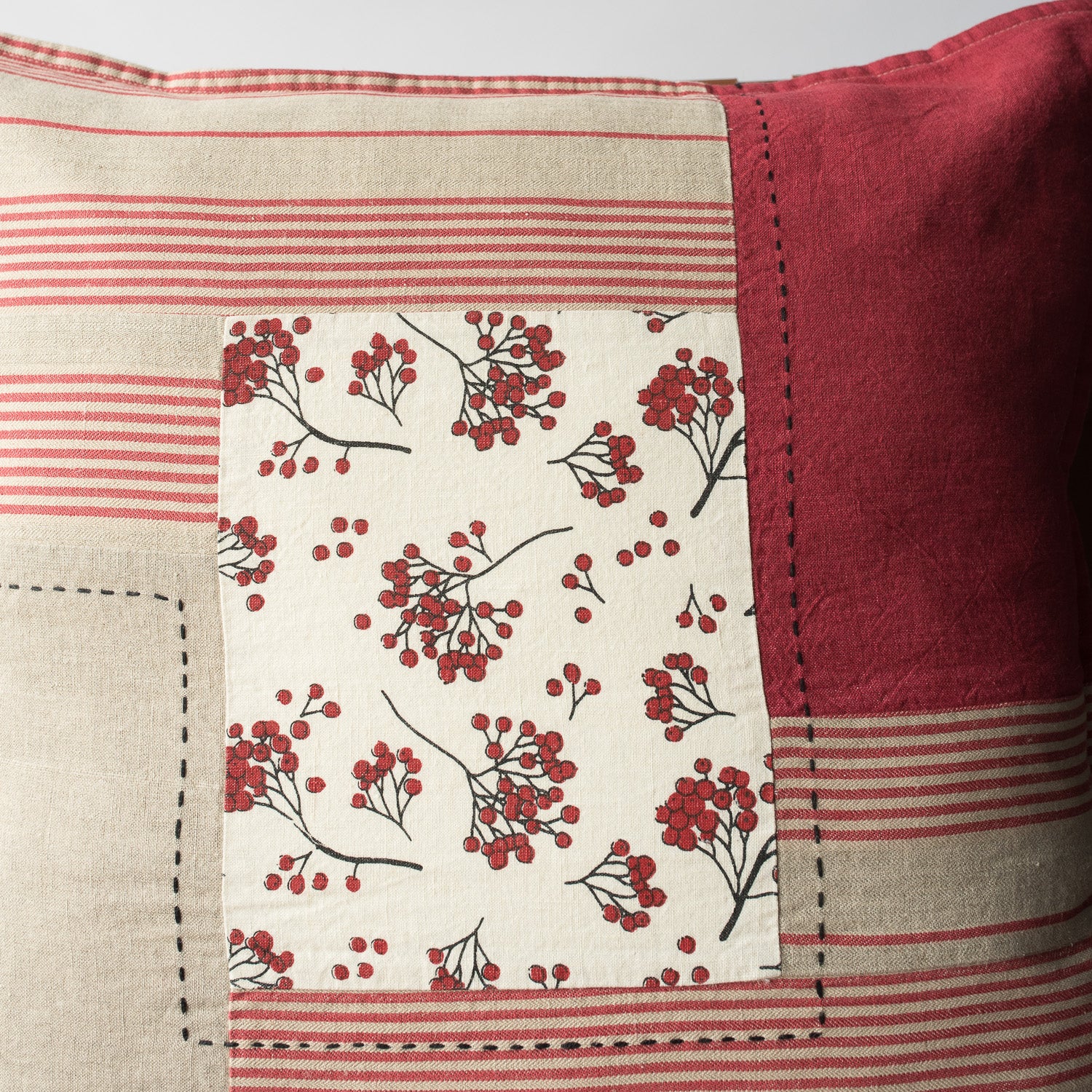 100% Linen Cherry Patchwork Cushion Cover