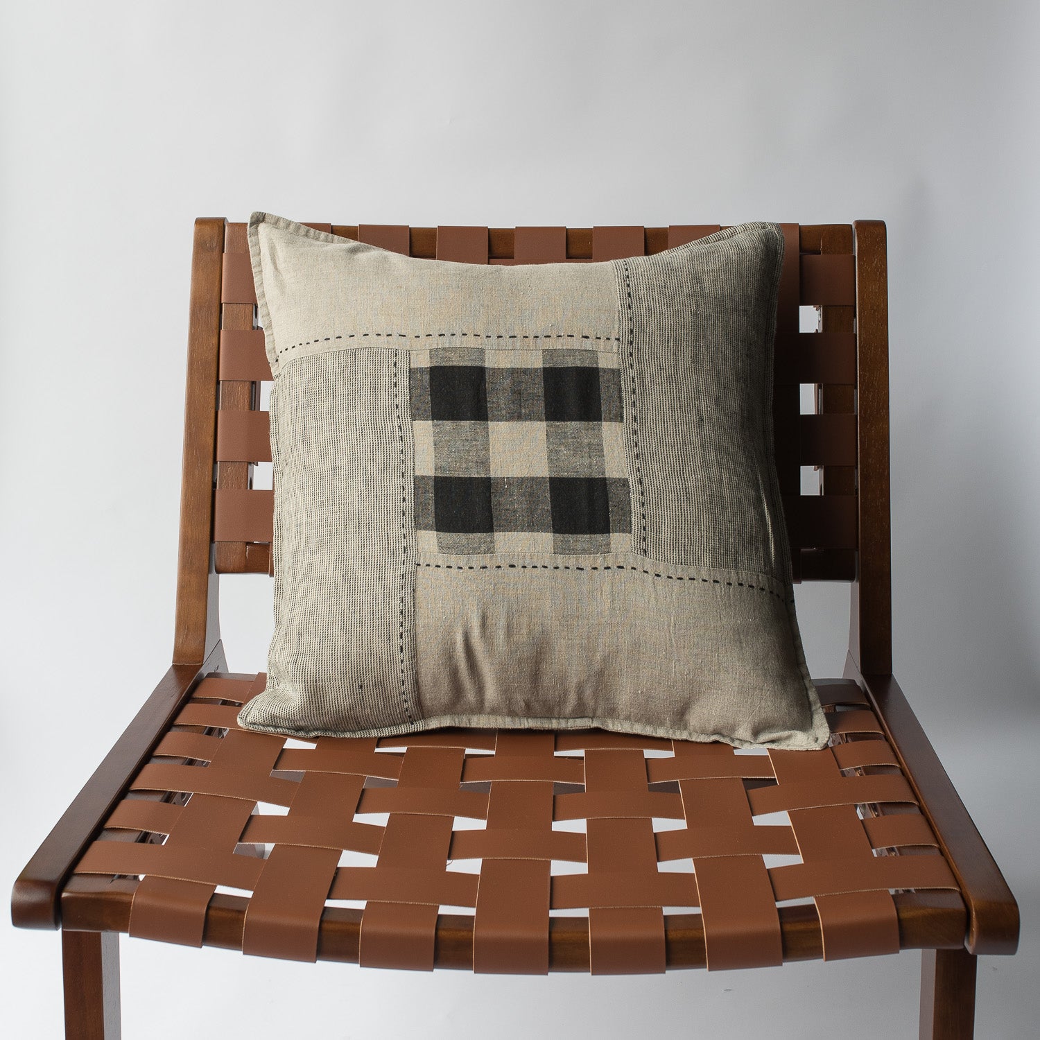 100% Linen Natural & Black Patchwork Cushion Cover