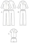 Elegant Carolyn Pajamas set with classic notched collar, customizable sleeve options, and contrasting piping details, designed for intermediate sewers